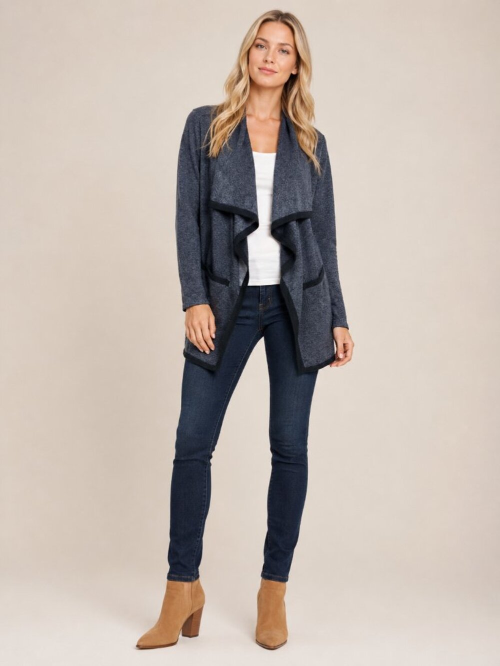 Elie Tahari Merino Wool Open-Front Waterfall Longline Cardigan Gray 4 #A4309